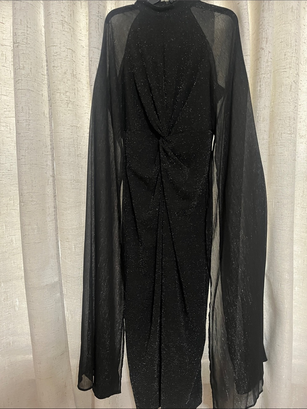 SHEIN Black Sparkle Sheer-Sleeve Twist Midi Dress